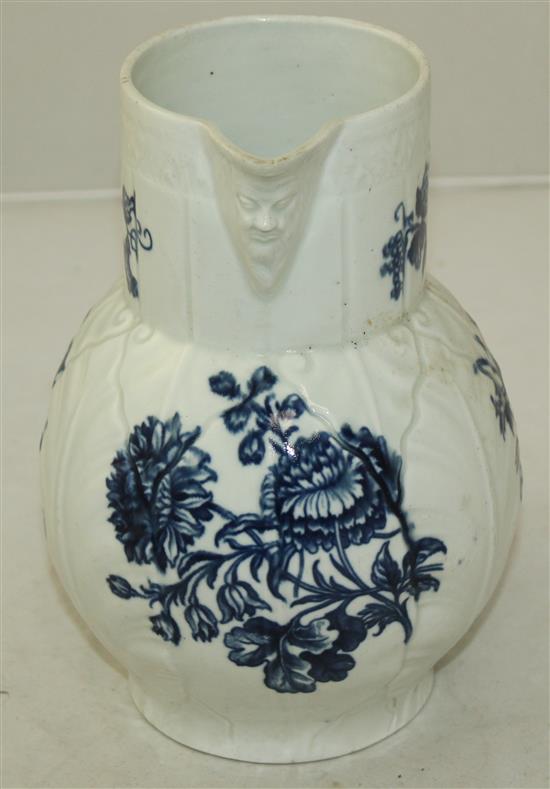 A Worcester Natural Sprays Group pattern blue and white mask jug, c.1765-70, 20.5cm